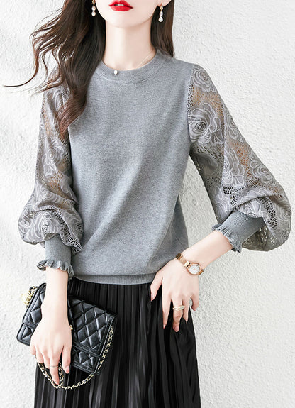 Women's Sweater Puff Sleeve Lace Knit Pullover Tops