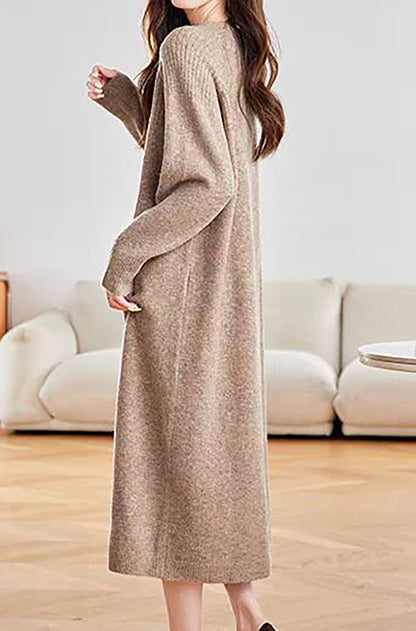 28721 Women's Keyhole Neck Knit Midi Dress – Relaxed Fit | 3 Colors