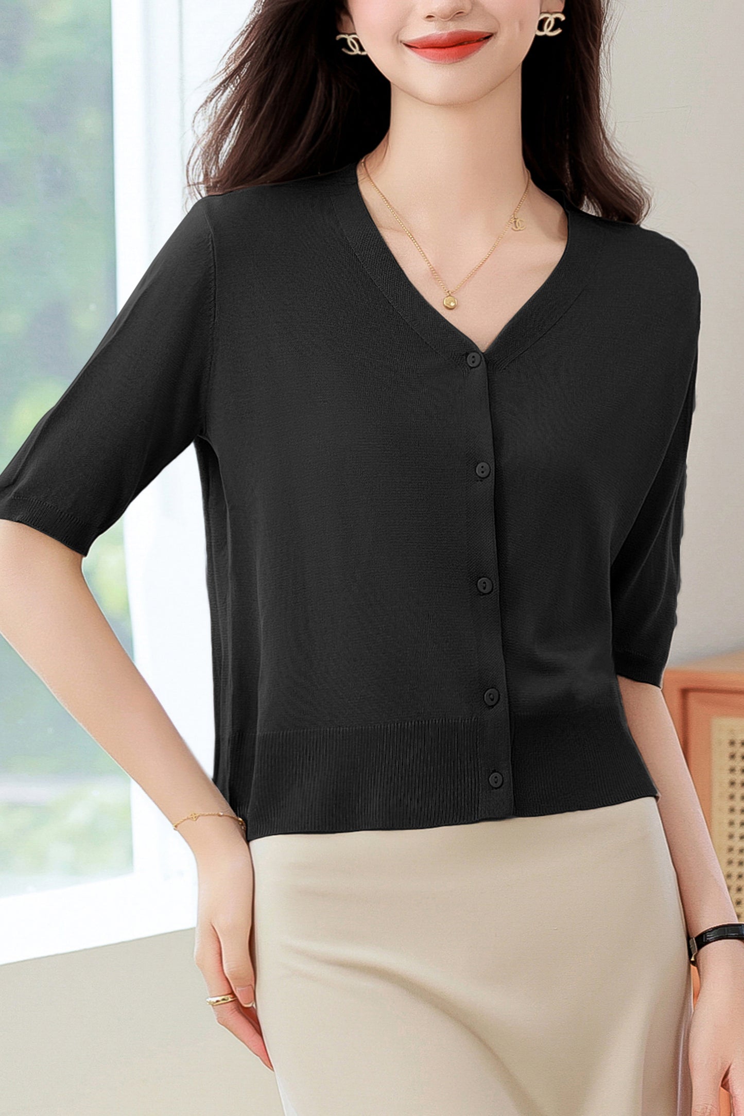 Women's Short Sleeve Ribbed Knit Cardigan Tops
