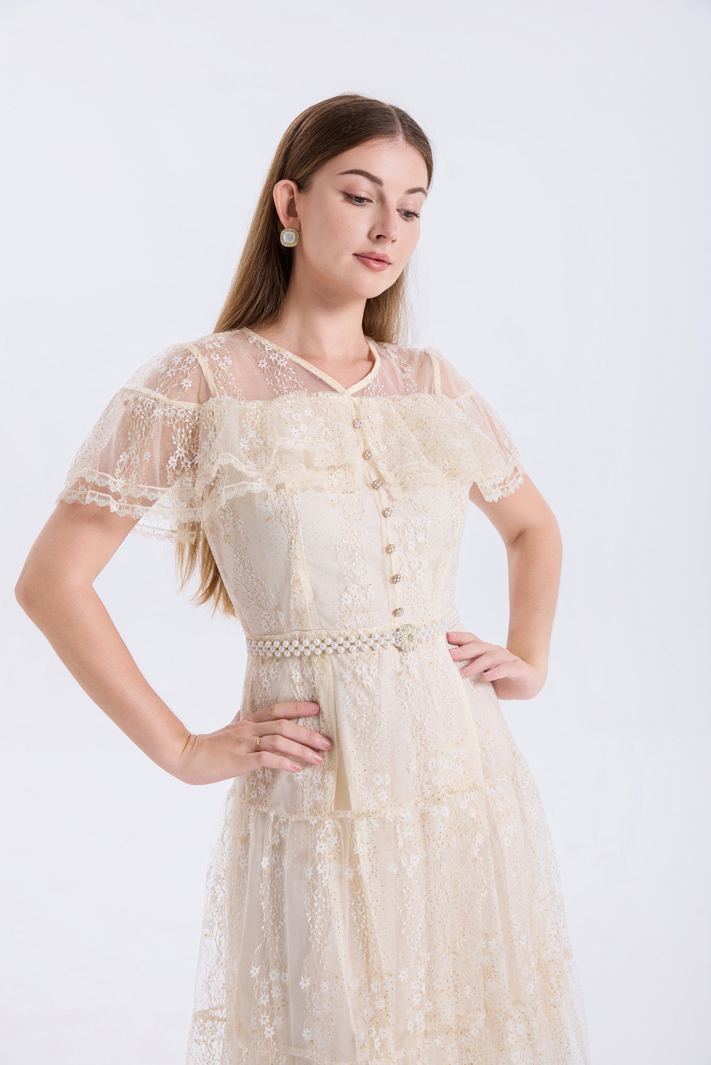 LAI MENG FIVE CATS Ivory Lace Embroidery Dress with Pearl Belt
