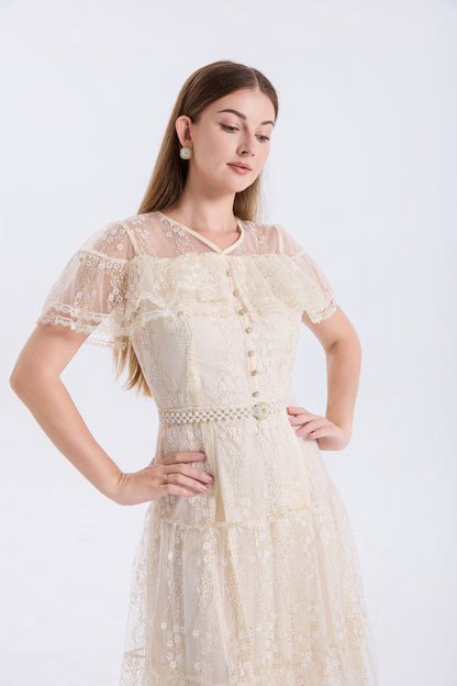 LAI MENG FIVE CATS Ivory Lace Embroidery Dress with Pearl Belt