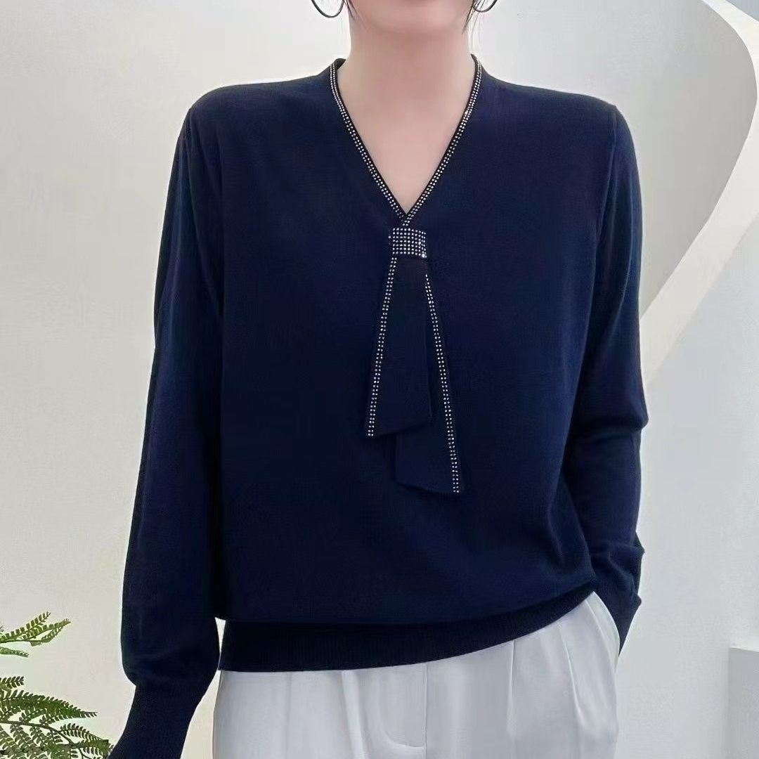 Women's Tie V-Neck Sweater Solid Color Pullover Tops