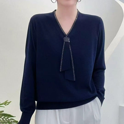 Women's Tie V-Neck Sweater Solid Color Pullover Tops