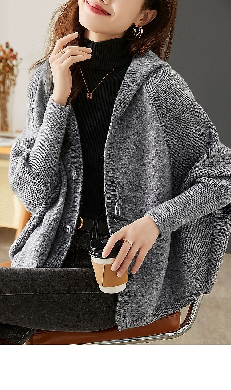 Women's Hooded Sweater Cardigan Button Knit Coats