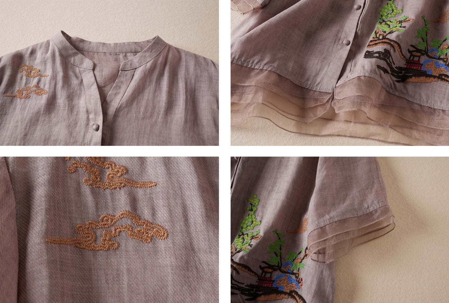 Linen Embroidery Print Ruffle Hem Tunic Blouse