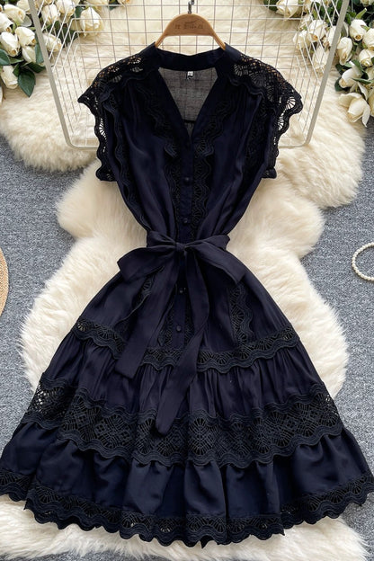 Women's Lace Sleeveless V-Neck Ruffle Midi Dress