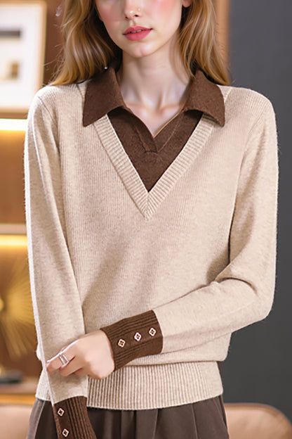 Women's Polo Contrast Collar Sweater Pullover Top