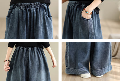 28666-Vintage Denim Wide Leg Palazzo Pants with Elastic Waist & Pockets
