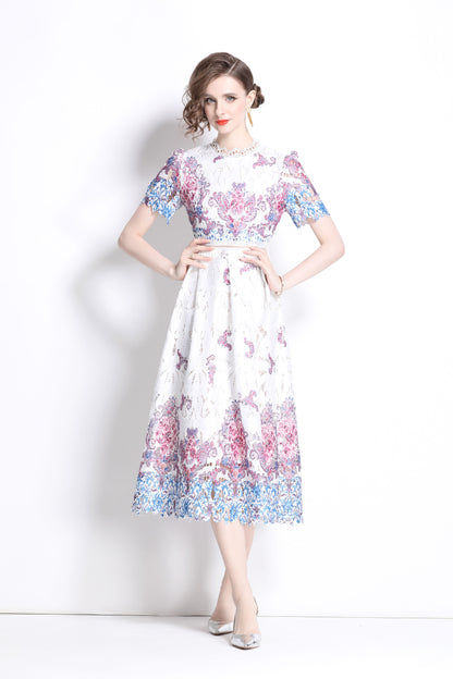 Women's Lace Floral Short Sleeve Crochet Waist Cocktail Midi Dress