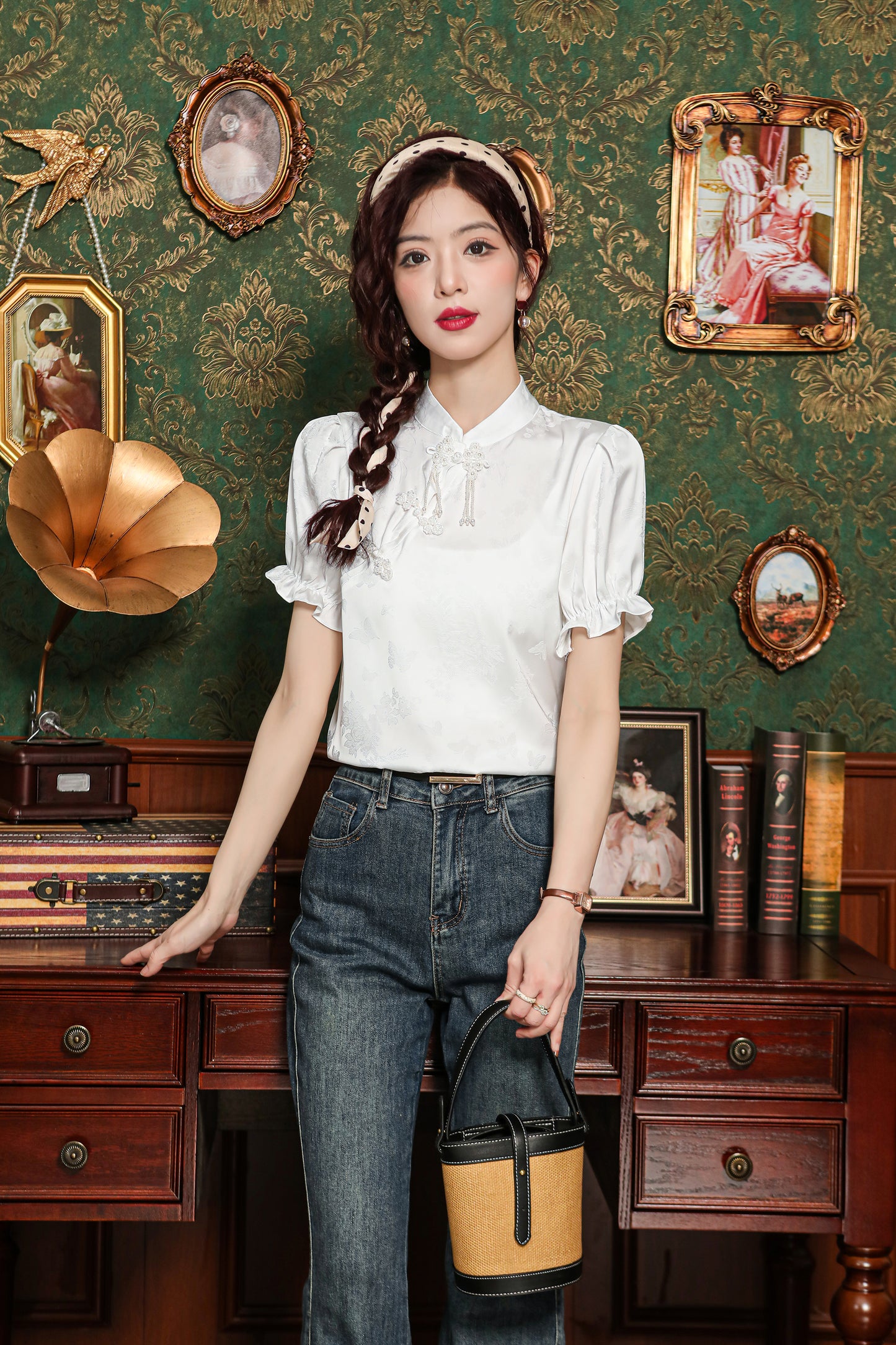 Women's Chinese Style Silk Satin Button Jacquard Blouse - LAI MENG FIVE CATS