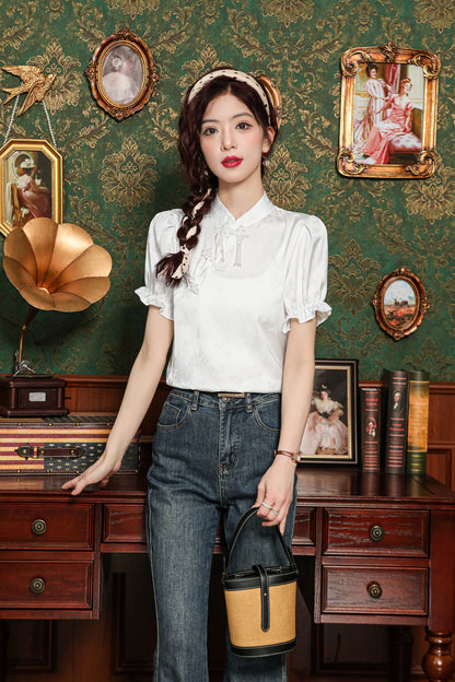 Women's Chinese Style Silk Satin Button Jacquard Blouse - LAI MENG FIVE CATS