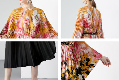 Yellow Elohoegant Batwing Sleeve Pleated Maxi Casual Flowy Loose Dress