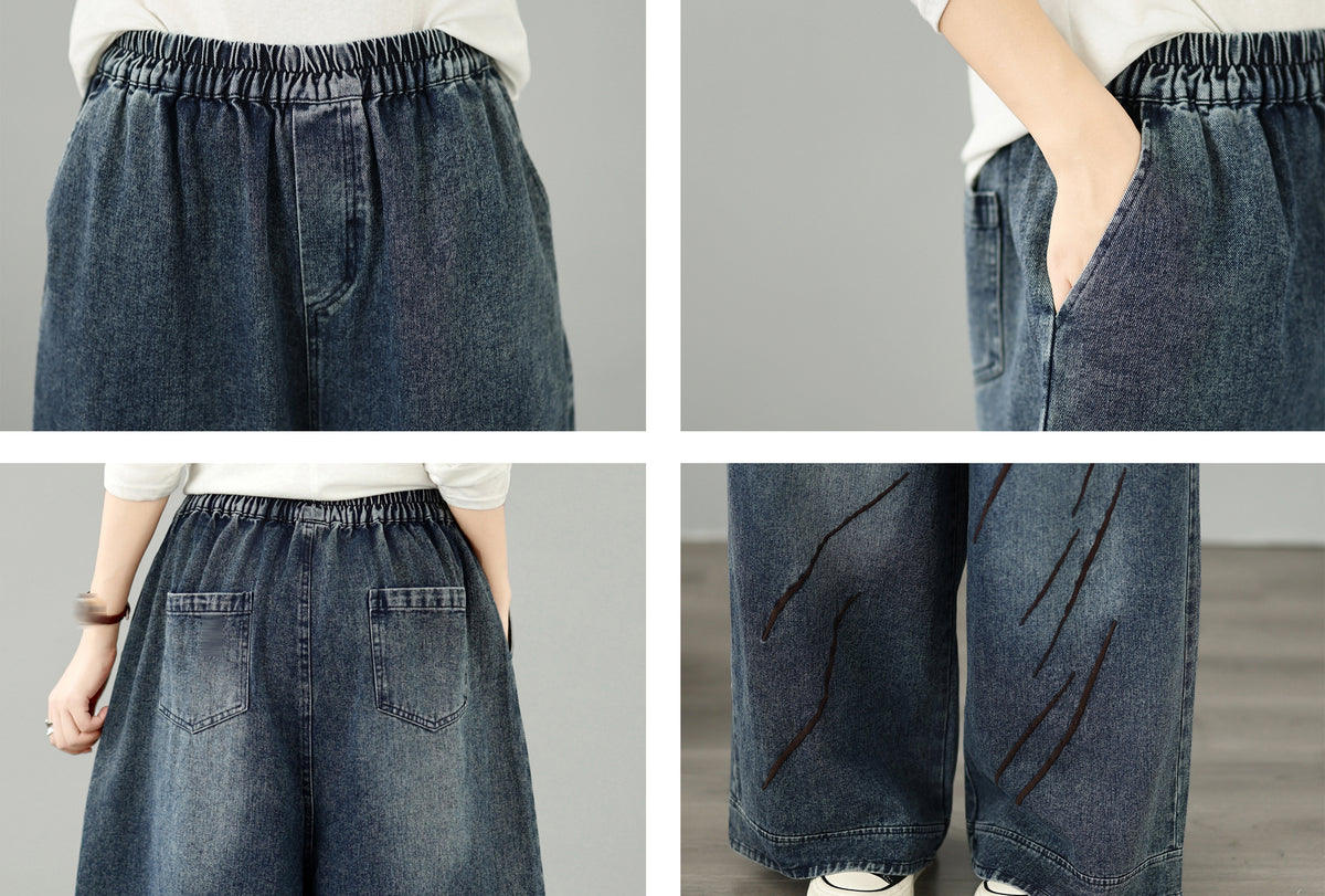 28668-Vintage Denim Wide-Leg Pants with Embroidery &Elastic Waist