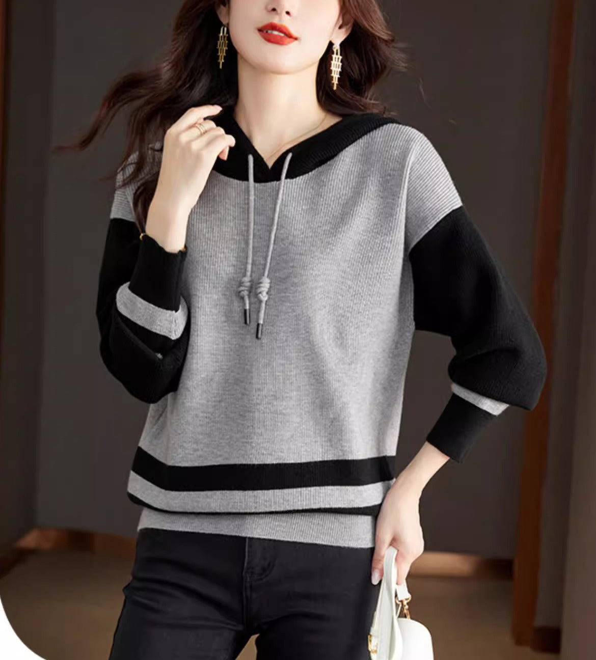 Women's Striped Color Block Hoodies Sweater Knit Tops