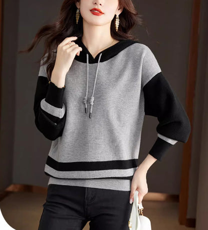 Women's Striped Color Block Hoodies Sweater Knit Tops