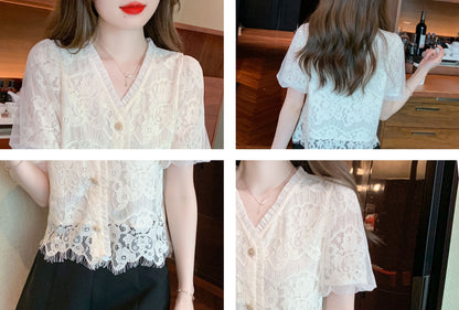 Allover Print Embroidered Lace Blouse