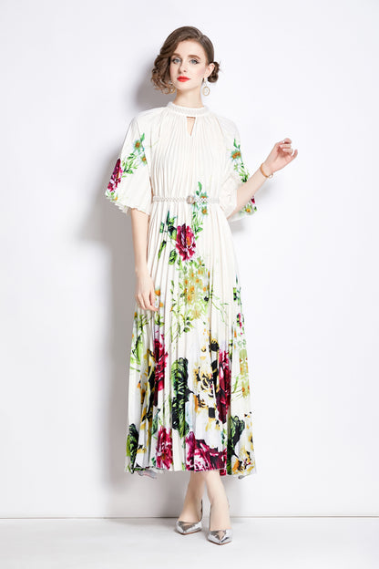 Women's Elegant Pleated Round Neck Bat Sleeves Print Maxi Dress