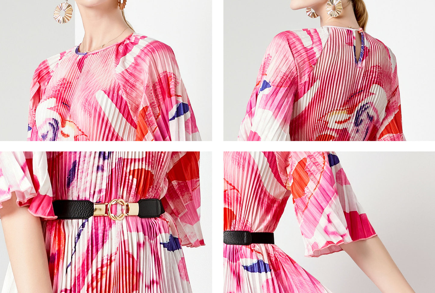 Elegant Pleated Round Neck Pink Print Casual Maxi Dress