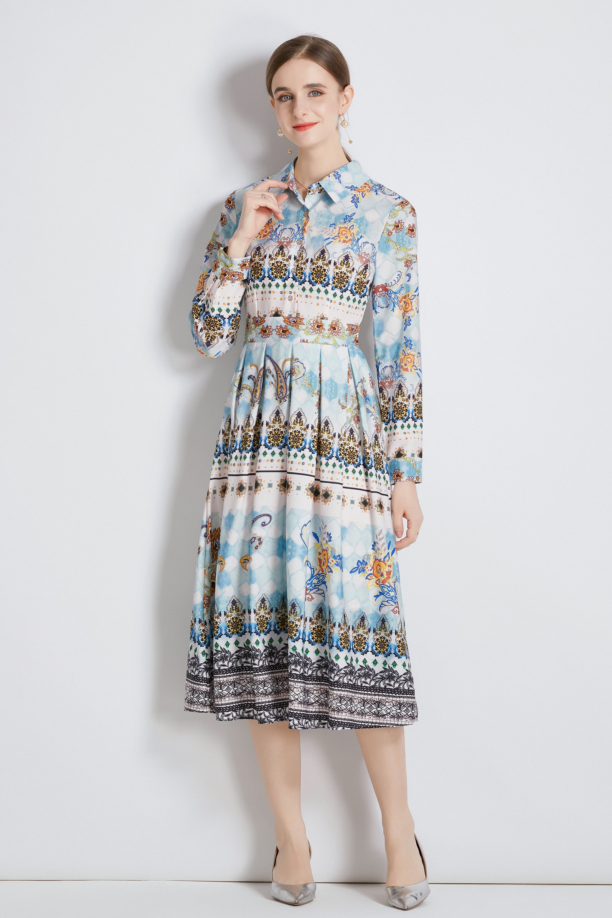 FSY-Women's 3/4 Sleeve Floral Print Button Midi Dress - LAI MENG FIVE CATS