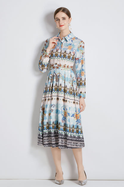 FSY-Women's 3/4 Sleeve Floral Print Button Midi Dress - LAI MENG FIVE CATS