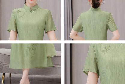 Green Embroidered Floral Cheongsam Short Sleeves Dress