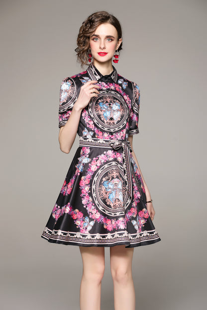 SSY-Women's Floral Lapel Collar Short Sleeve Mini Dress