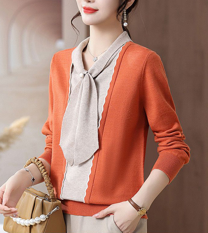 Women's Tie Neck Sweater Color Block Knit Pullover Tops