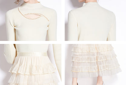 Women's Fall Winter Two-Piece Sweater Knit Tops Sheer Mesh Skirt Midi Dress