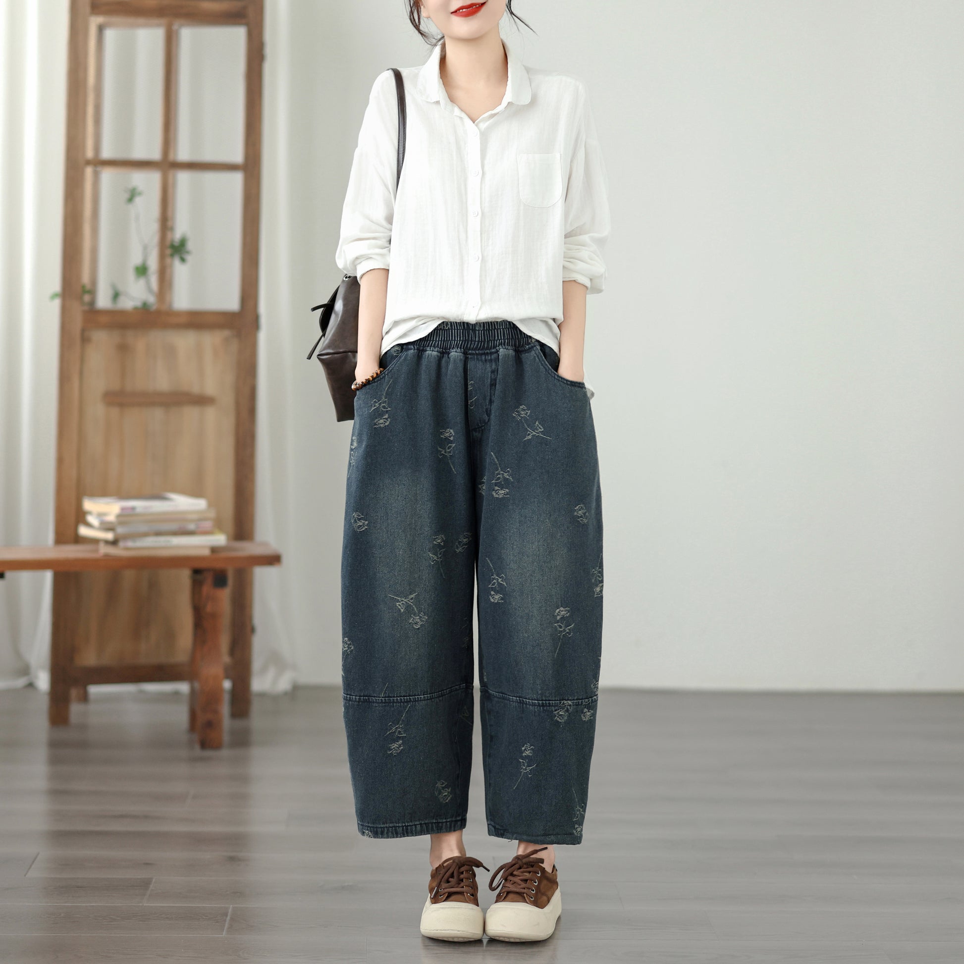 26-Women's Harem Baggy Jeans Drawstring Barrel Denim - LAI MENG FIVE CATS