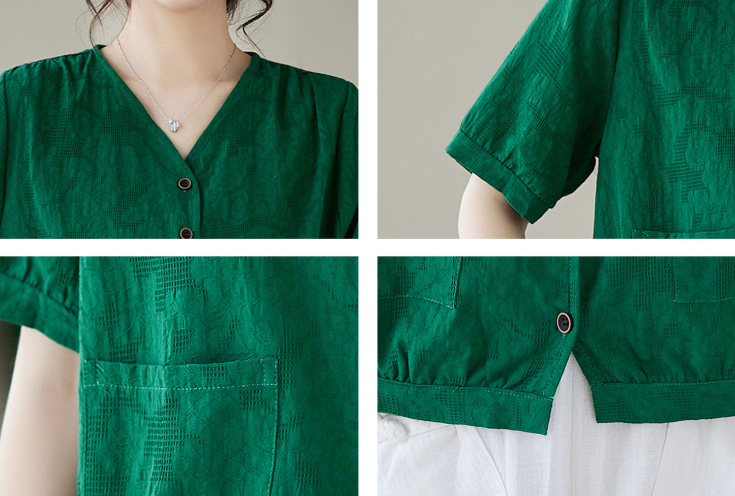 Green V Neck Button-up Linen Blouse Top