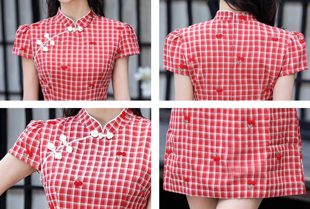 Red Cherry Gingham Cheongsam with Puff Sleeves Qipao Mini Dress