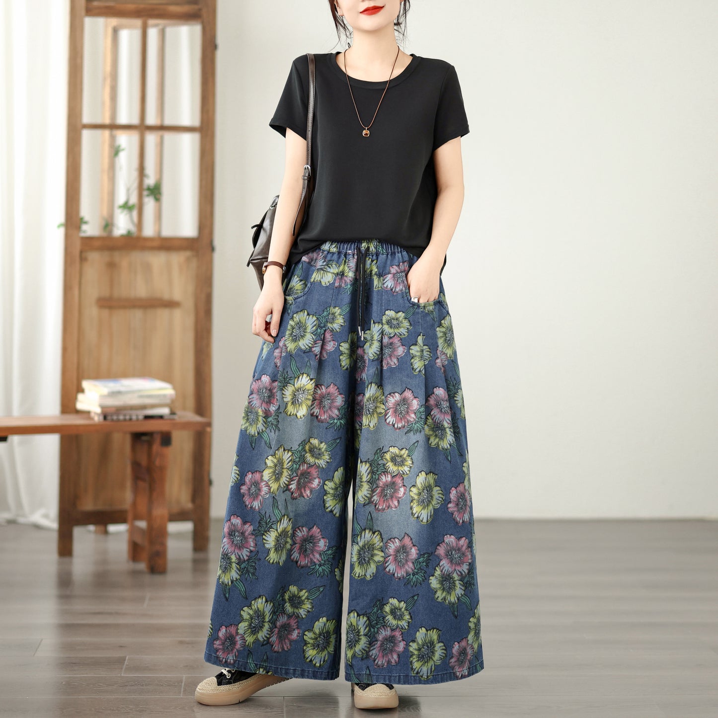 26-Women's Jeans Elastic Waist Baggy Wide Leg Denim