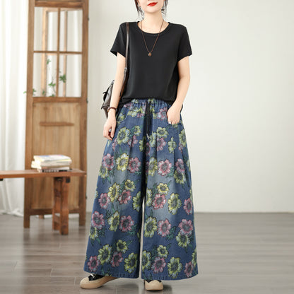 26-Women's Jeans Elastic Waist Baggy Wide Leg Denim