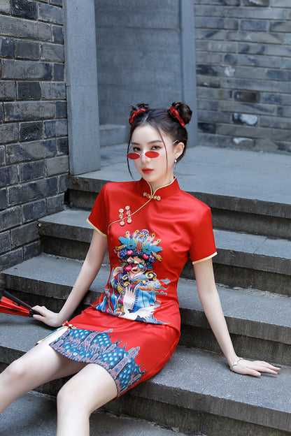 Women's Chinese Cheongsam Print Mini Dress