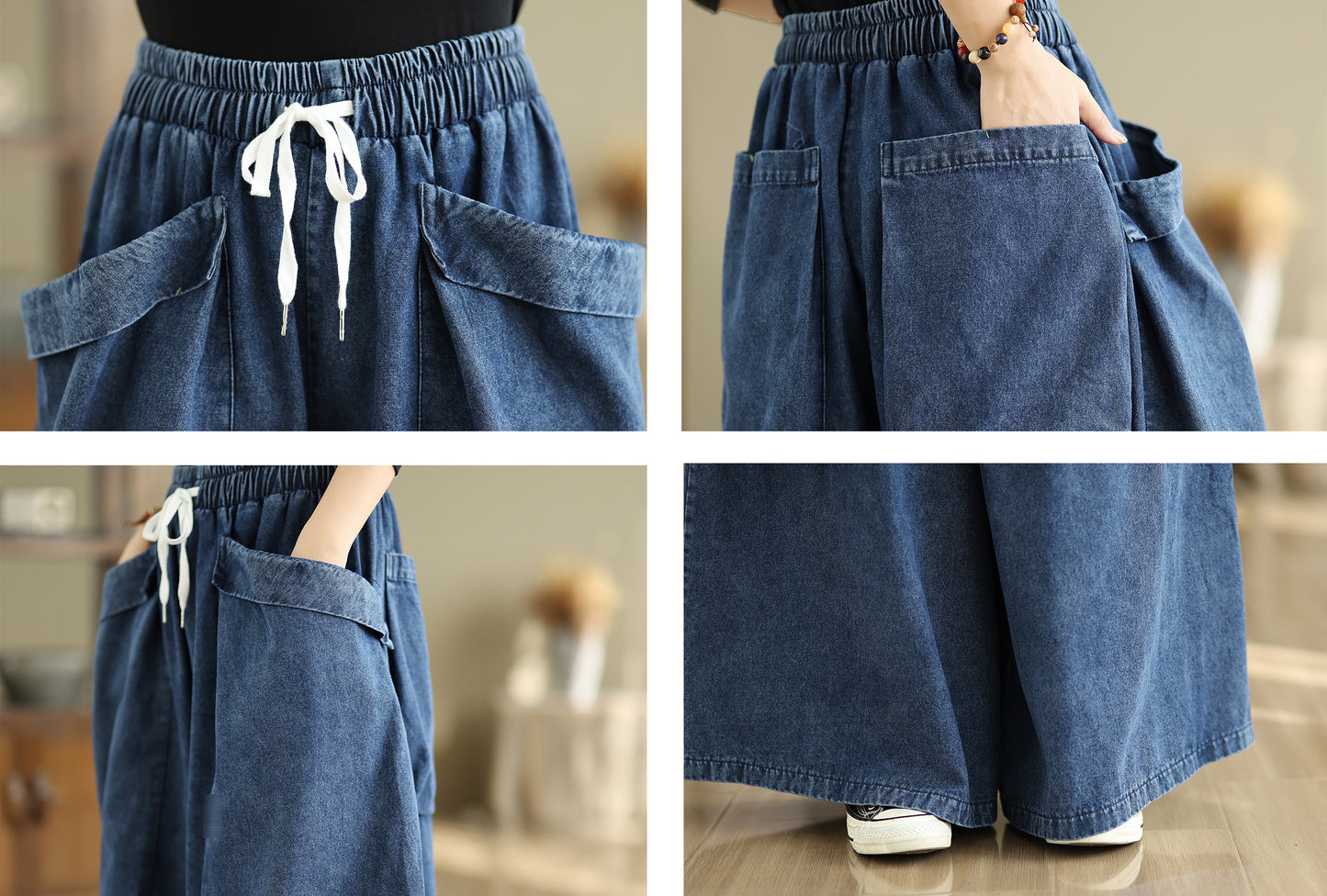 Women's Oversized Denim Wide Leg Pants Drawstring with Large Pockets