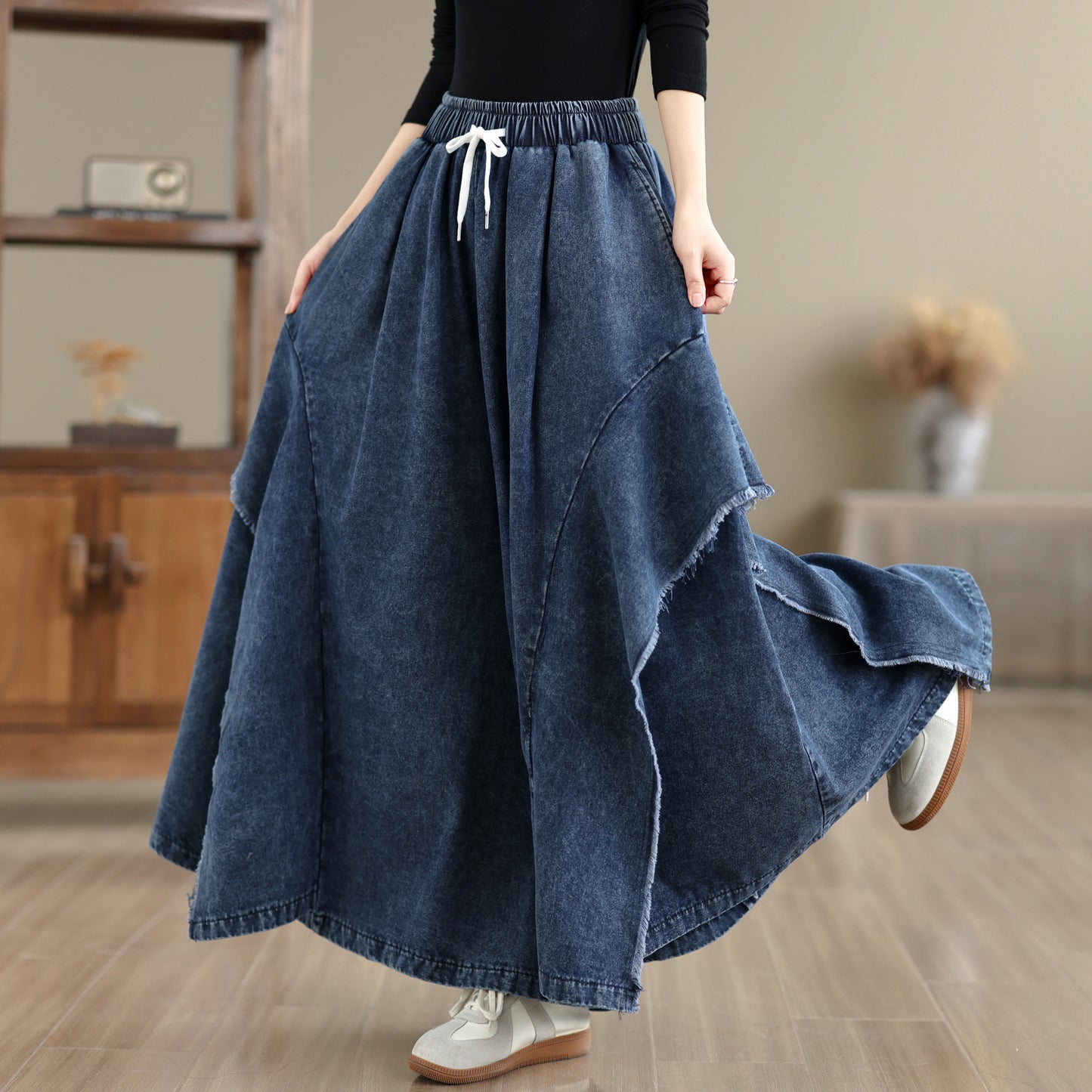 Women Loose Denim Skirt Pants Baggy Elastic Waist Casual Wide Leg Jeans