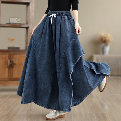 Women Loose Denim Skirt Pants Baggy Elastic Waist Casual Wide Leg Jeans