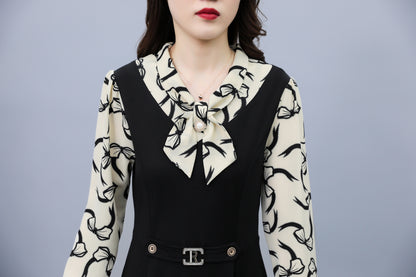 Women's Elegant Tie Neck Long Sleeve Black Dress - LAI MENG FIVE CATS