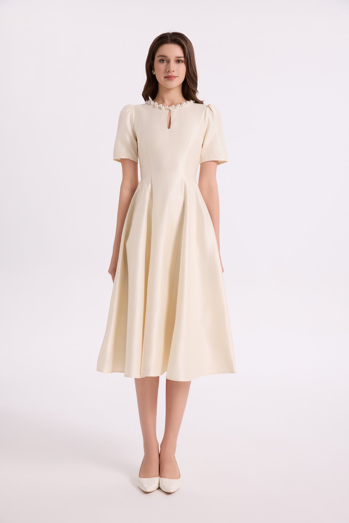 Elegant Pearl-Trim A-Line Midi Dress - LAI MENG FIVE CATS
