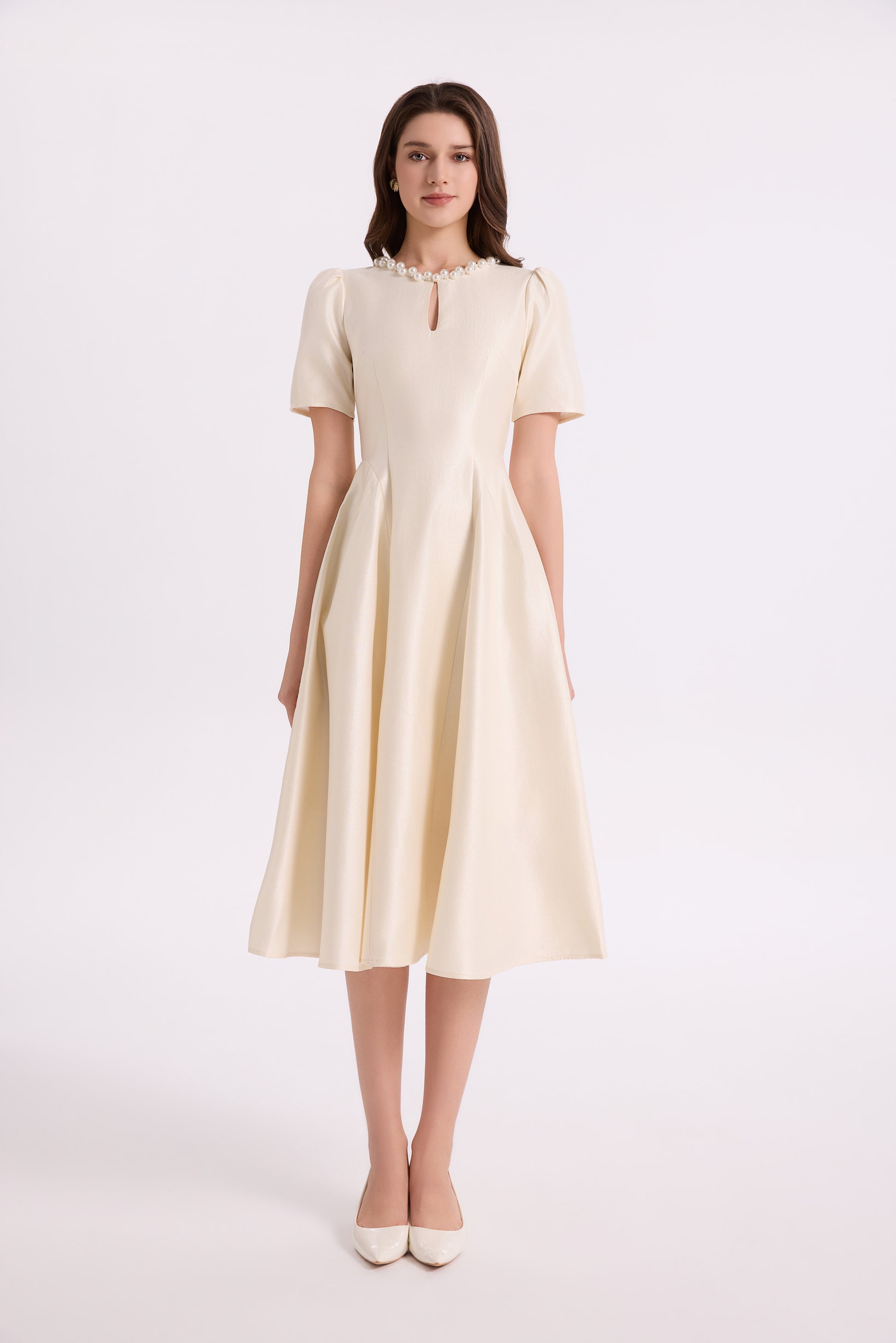 Elegant Pearl-Trim A-Line Midi Dress - LAI MENG FIVE CATS