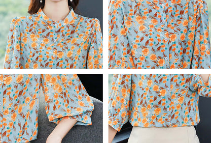 Silk Blouse Satin Lantern Sleeve Button up Casual Print Loose Tops Shirt