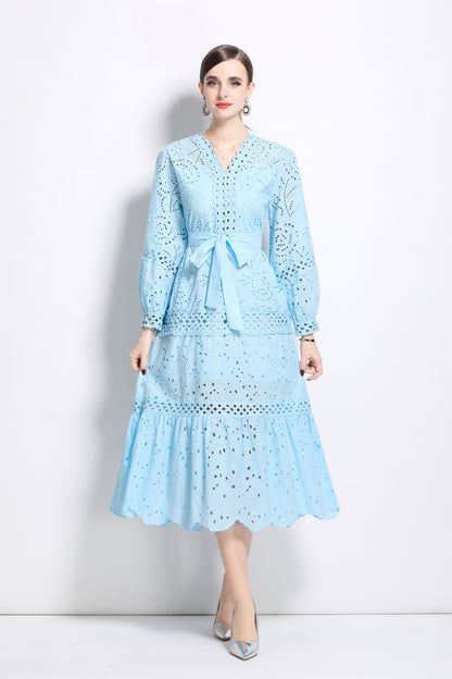 V-Neck Puff Sleeves Hollow Lace Midi Dress