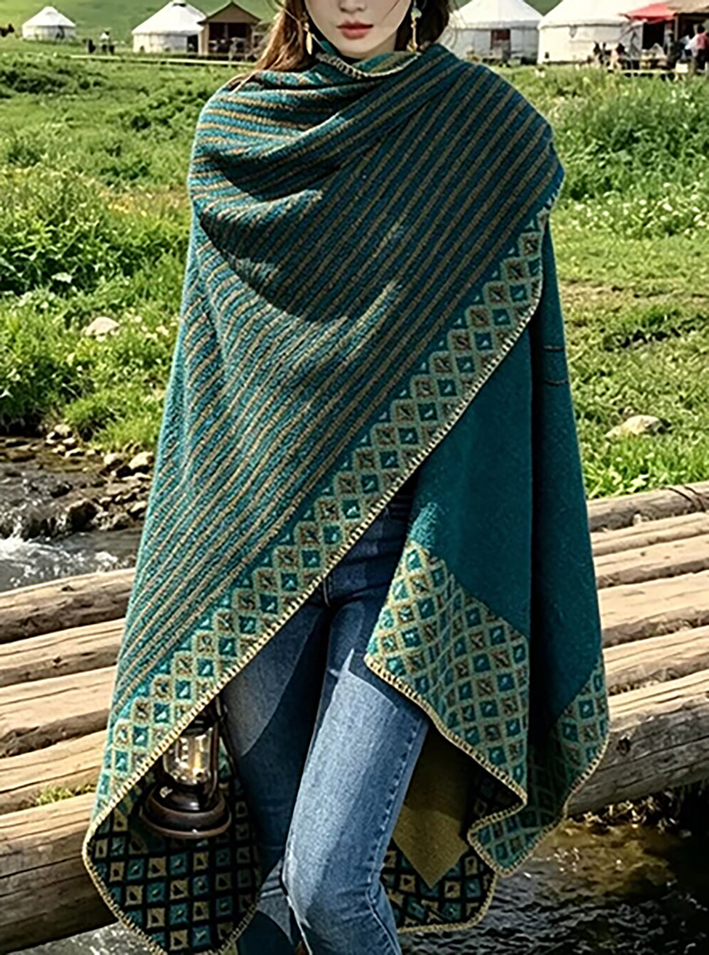 28688 Teal Printed Acrylic Travel Shawl – Oversized Wrap