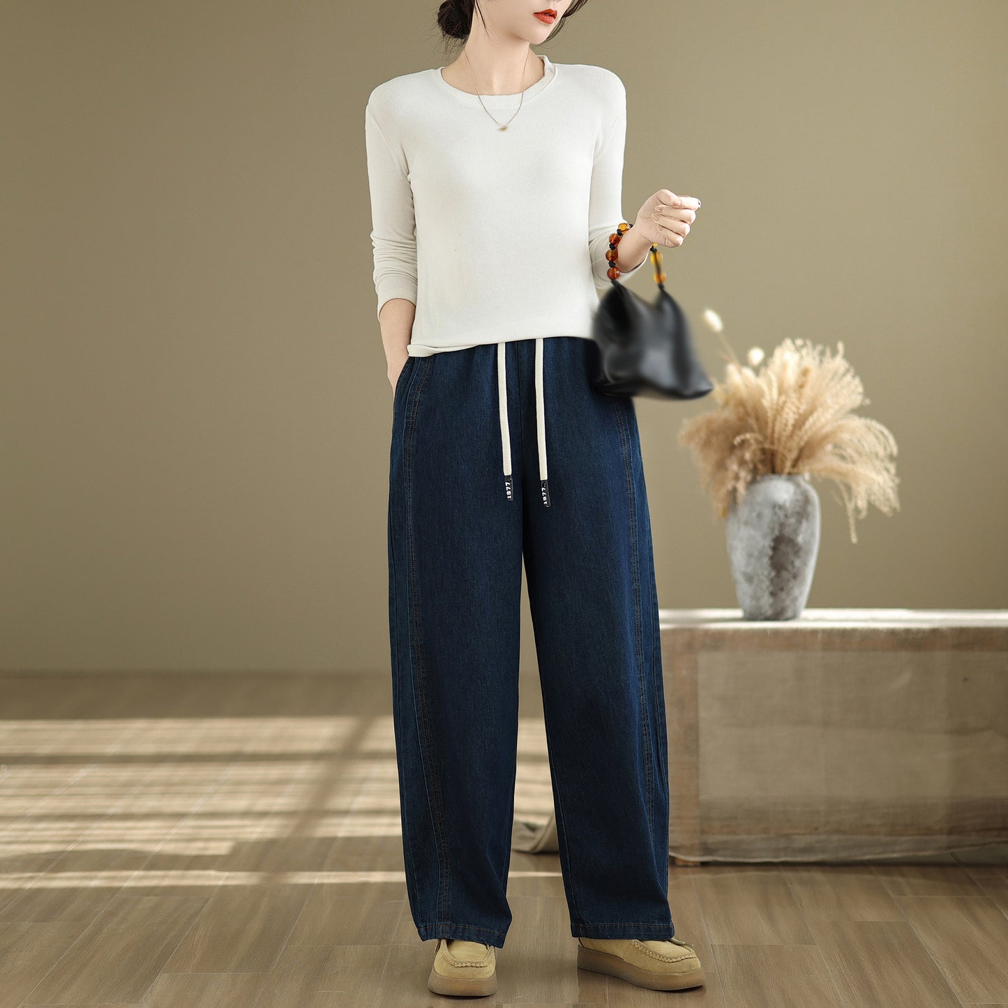 Women's Wide-Leg Jeans Elastic Waist Drawstring Pants