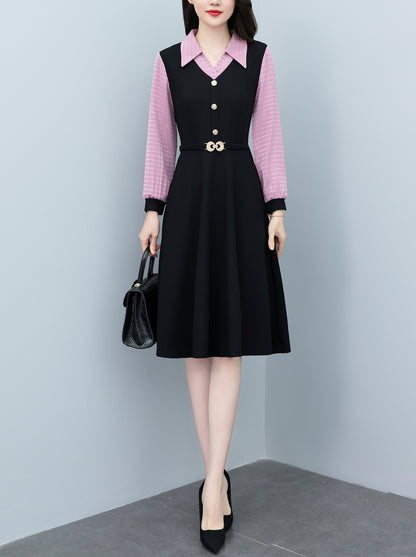 Women's Lapel V-Neck Pocket Long Sleeve Black Dress