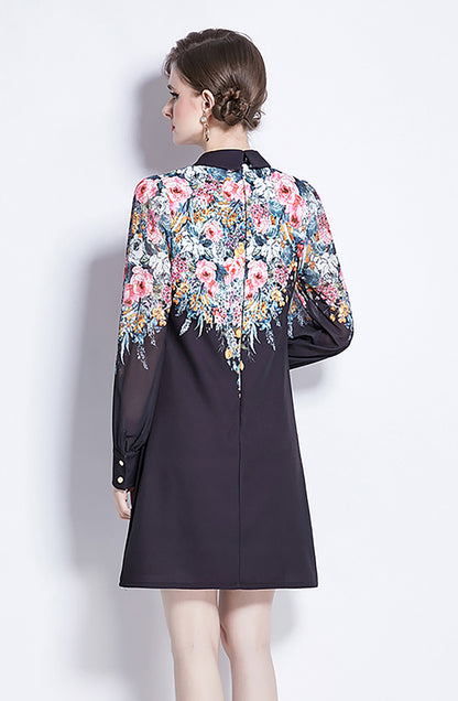 Black Floral Mini Dress with Chiffon Sleeves and Collar - LAI MENG FIVE CATS