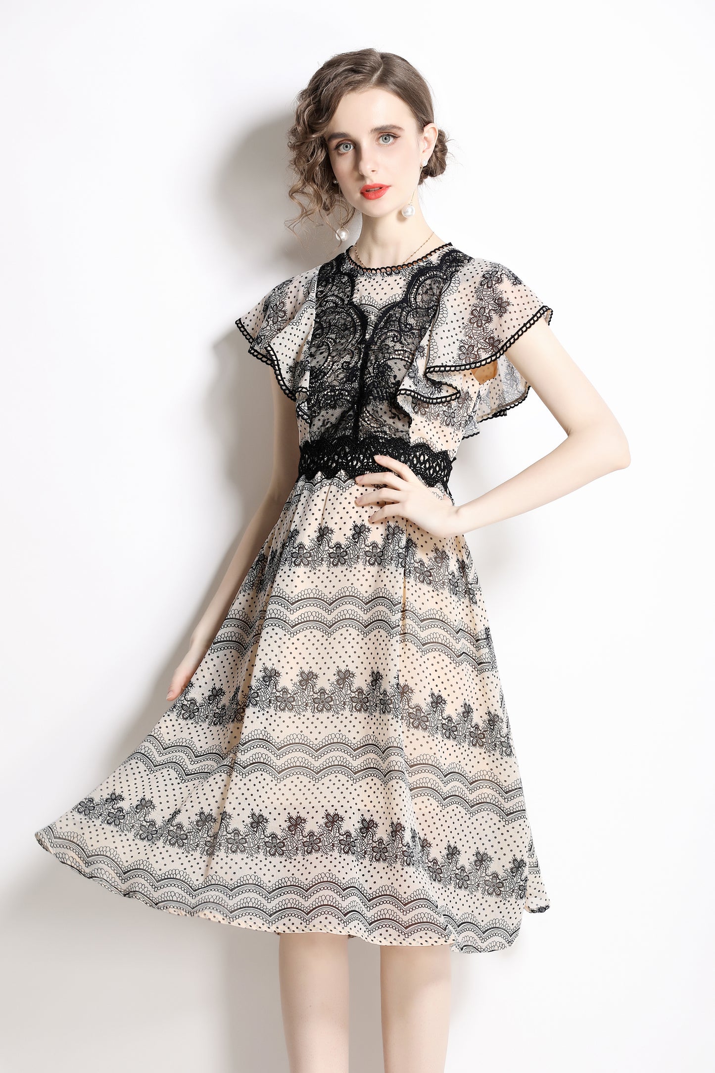 SSY-Women's Boho Floral Ruffle Chiffon Lace Midi Dress