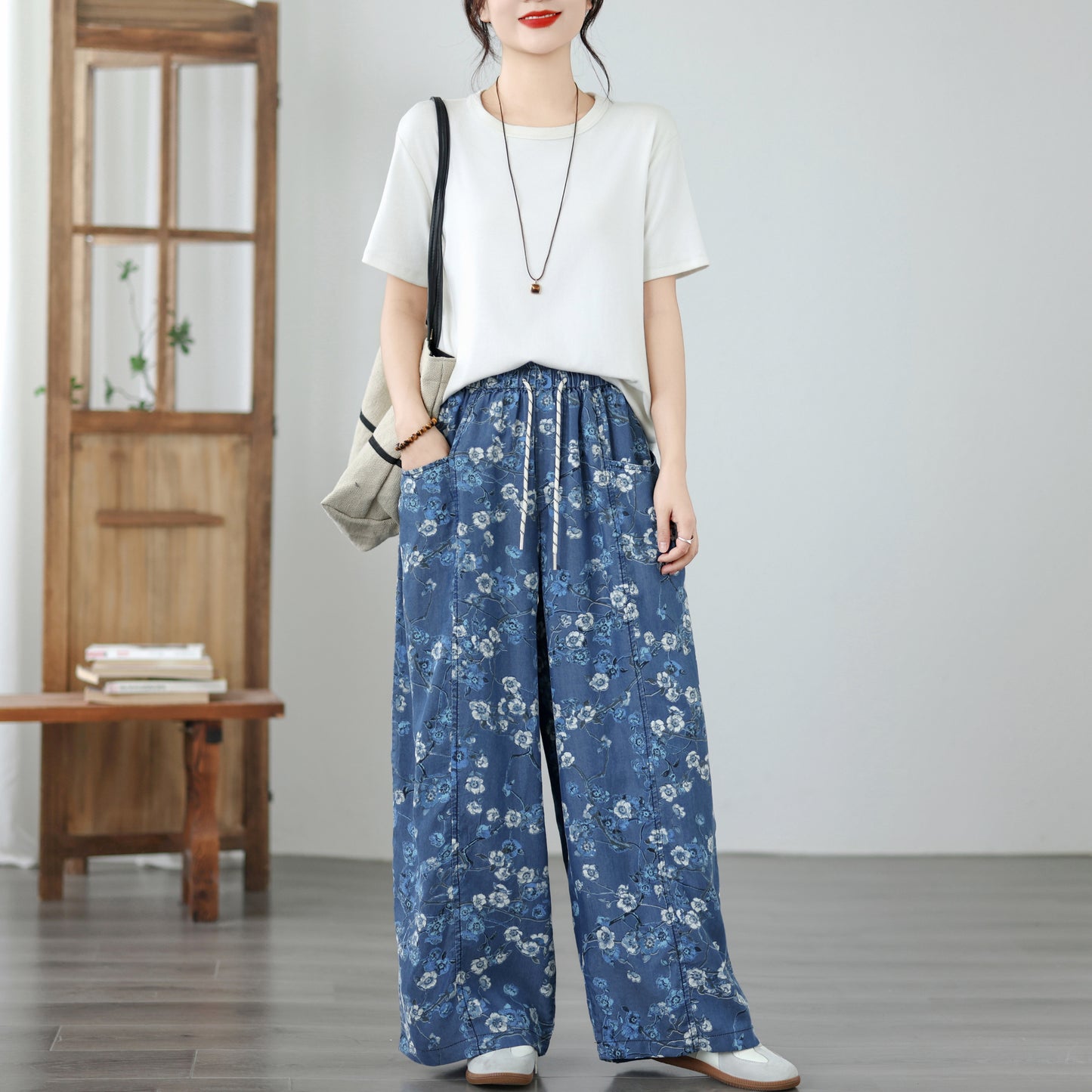 Women's Wide Leg Jeans Lightweight Wasited Elastic Print Y2K Pants - LAI MENG FIVE CATS