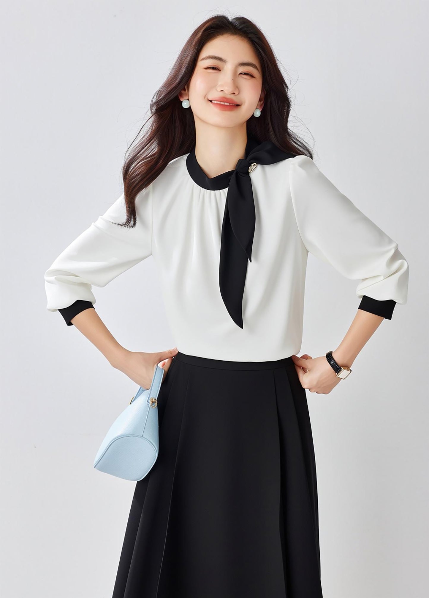 Women's Silk Satin Shirt Tie Neck Long Sleeve Top - LAI MENG FIVE CATS
