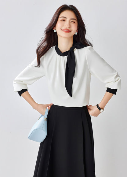 Women's Silk Satin Shirt Tie Neck Long Sleeve Top - LAI MENG FIVE CATS